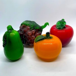 Art Glass Fruit, set of 4. Grapes, Apple, Pear and Orange.